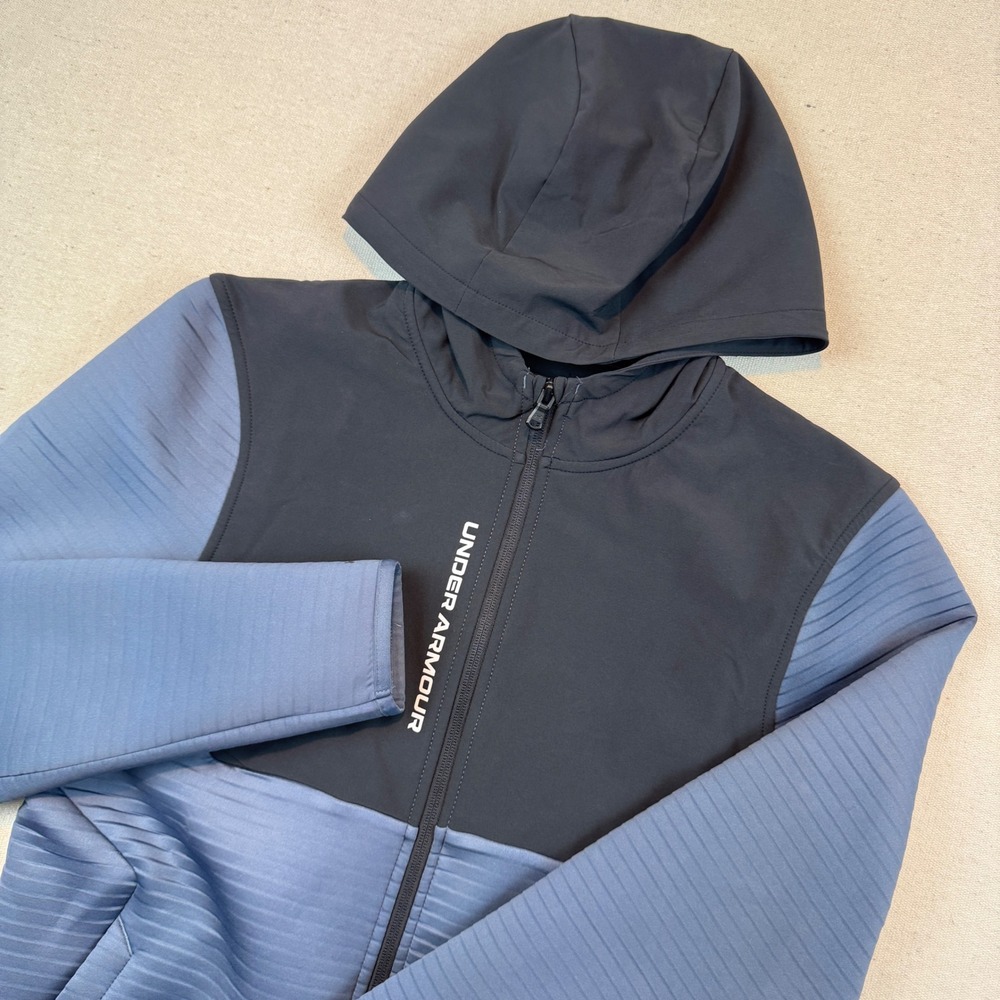 Under Armour Small Full Zip Hoodie Mens Black Blue Ribbed Hybrid Golf Jacket